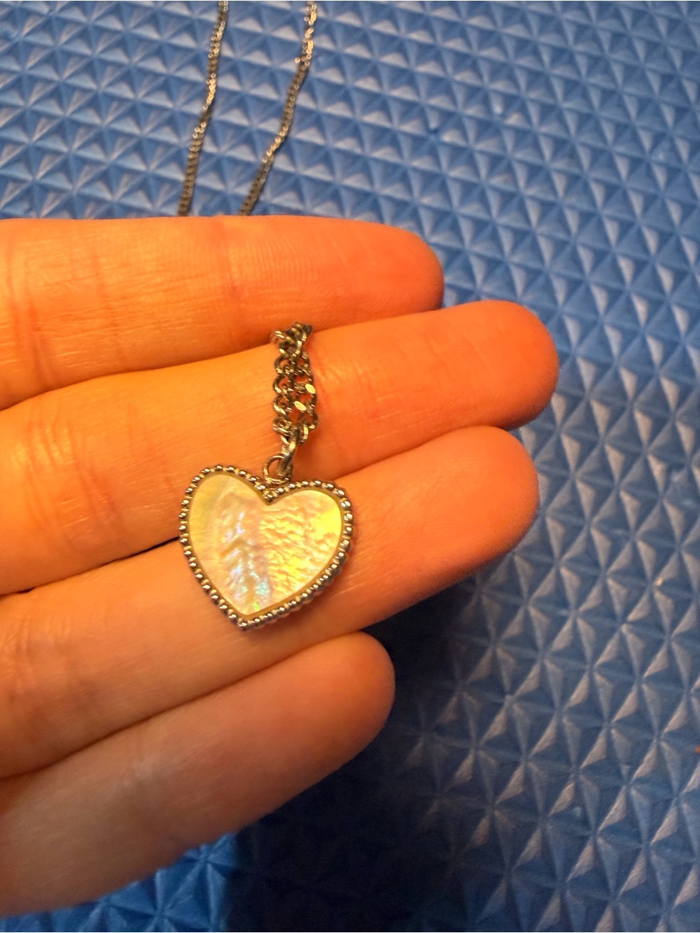 Sterling Silver Long Heart Pendant Necklace with Iridescent Mother-of-Pearl